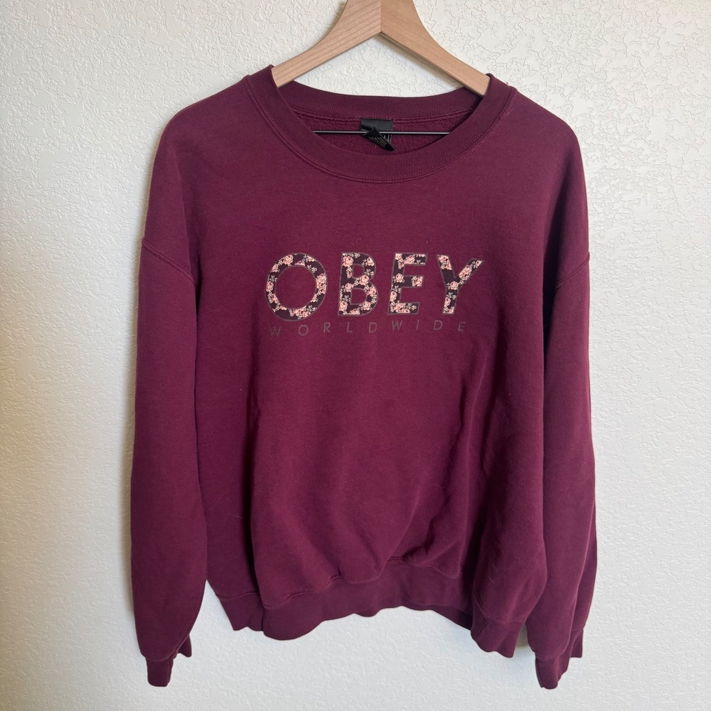 Streetwear Skater Obey Worldwide Floral Logo Sweatshirt Large Burgundy